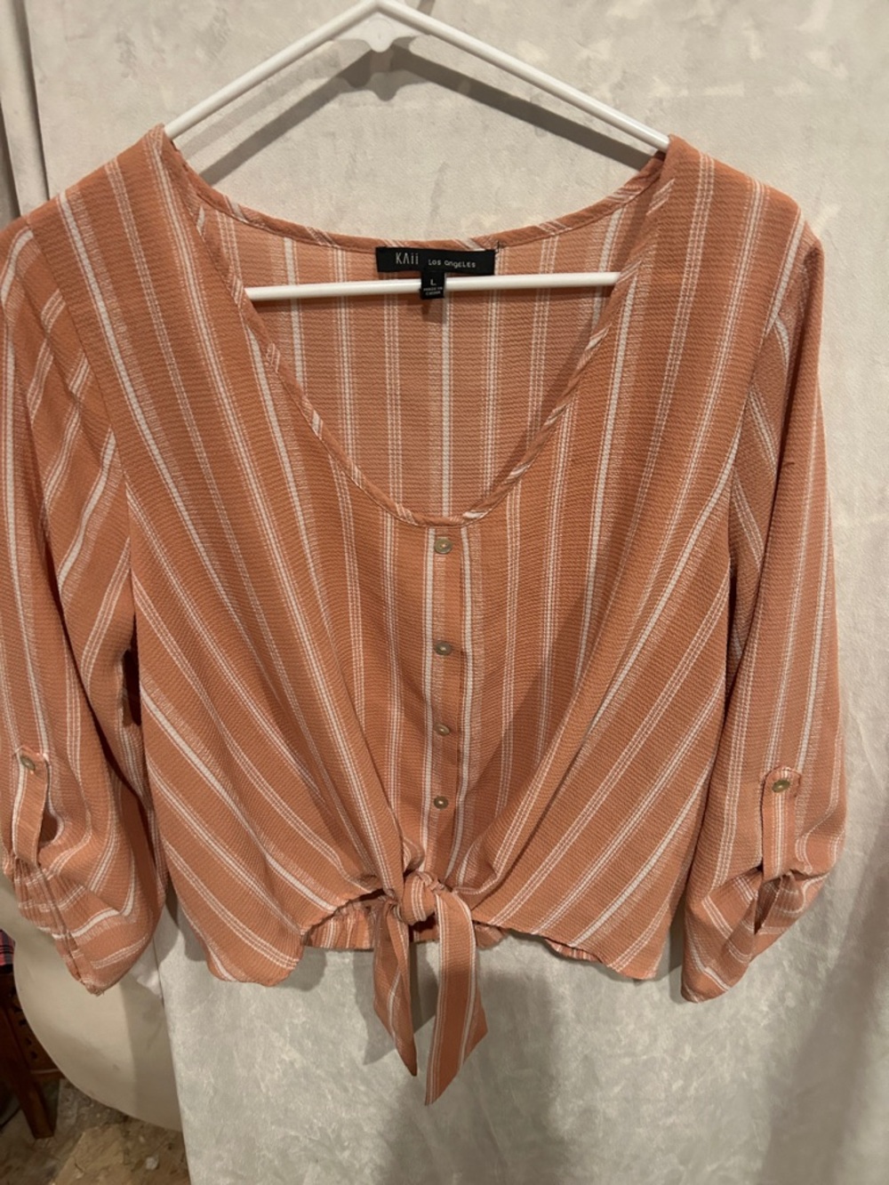Kaii Rust and White Striped Tie-Front Blouse